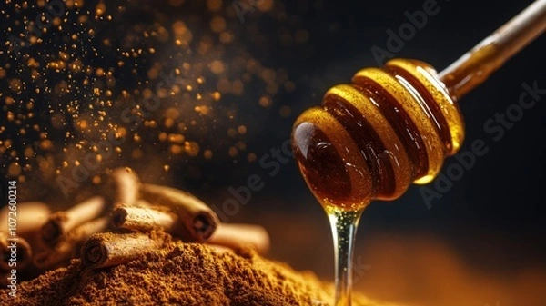 Obraz Honey dipper drizzling honey over cinnamon sticks surrounded by loose on dark background
