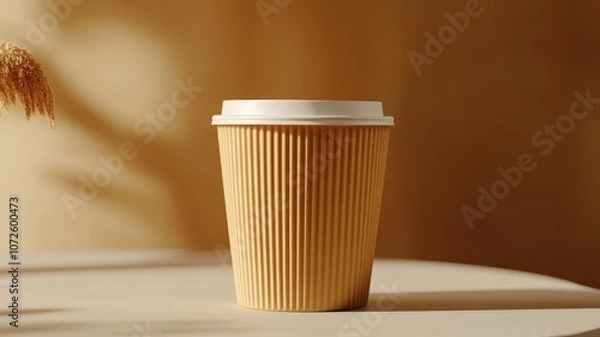 Obraz Rippled paper coffee cup with white lid on table warm, soft lighting