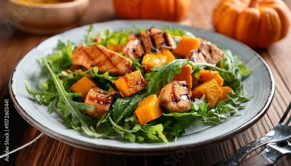 Fototapeta vibrant autumn salad featuring succulent grilled chicken chunks and roasted butternut squash cubes tossed with fresh arugula creating a perfect balance of flavors and textures