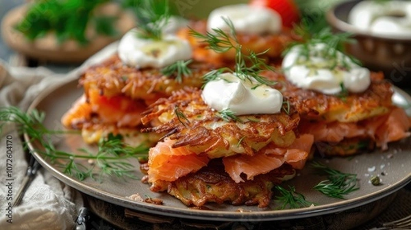 Fototapeta Latkes with salmon and sour cream