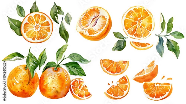 Fototapeta Oranges in leaves. A set of vector illustrations. Vectorized gouache illustrations. Collection of isolates for labels, prints, banners. Watercolor illustration on white background