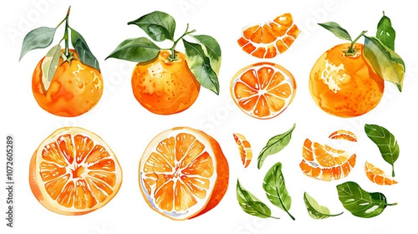 Fototapeta Oranges in leaves. A set of vector illustrations. Vectorized gouache illustrations. Collection of isolates for labels, prints, banners. Watercolor illustration on white background
