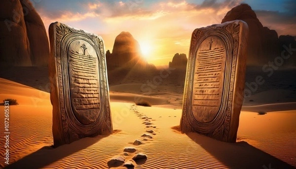 Obraz two stone tablets representing the ten commandments in desert scene