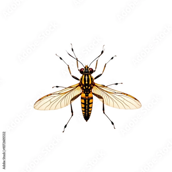 Fototapeta Caddisfly with black, yellow, orange striped body on isolated transparent background. Insect transparent wings. Macro of caddisfly. Image great for nature, wildlife, insect photography lovers. Cut out