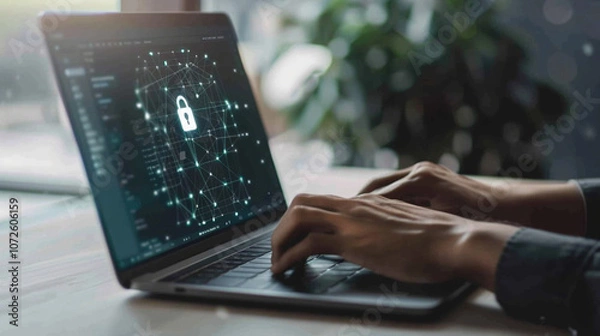 Fototapeta Connection, Advanced Security Encryption, data security and data access. Typing a password on a laptop with a lock icon on the screen. Cybersecurity, secure Internet 