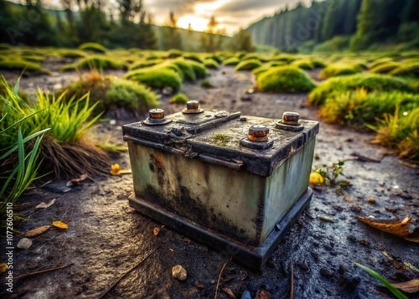 Fototapeta Abandoned Car Battery on the Ground with Grass and Dirt Surrounding It, Highlighting Environmental Concerns and Urban Decay in a Documentary Photography Style