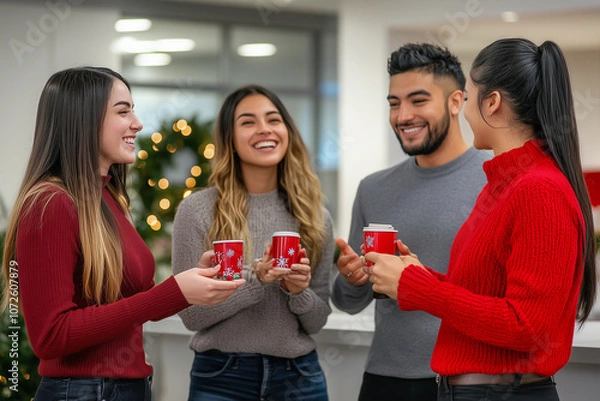 Fototapeta A group of people are smiling and holding red cups