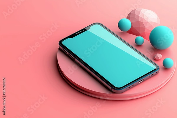 Fototapeta modern blue mobile phone rests on pink circular platform, surrounded by colorful geometric shapes. vibrant colors create playful and dynamic atmosphere