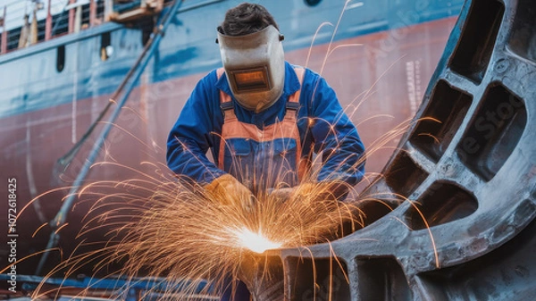 Fototapeta A male worker of Mediterranean descent in protective gear performs welding on a large metal structure, creating sparks in a shipyard setting.