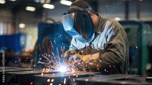 Fototapeta A focused Caucasian male welder works diligently on a metal piece, surrounded by a vibrant display of sparks in a busy industrial workshop.