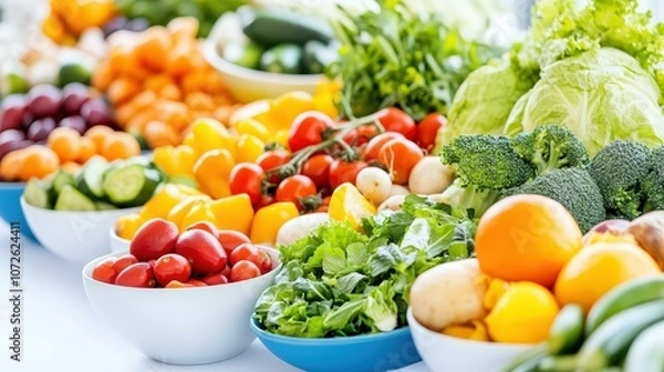 Fototapeta A vibrant spread of fresh fruits and veggies is perfect for enhancing your casual business meeting atmosphere.