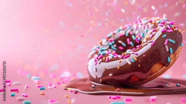 Fototapeta Chocolate glazed donut with colorful sprinkles