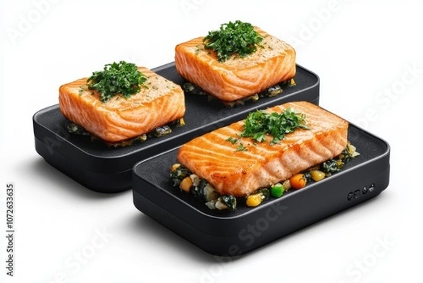 Fototapeta Grilled salmon fillets garnished with herbs, served on black trays with a colorful vegetable medley, showcasing a delicious, healthy meal.