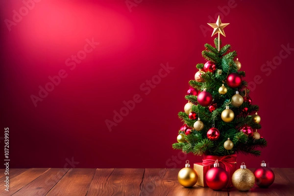 Fototapeta christmas tree with decoration ornaments on red background with copy space greeting text or invitation