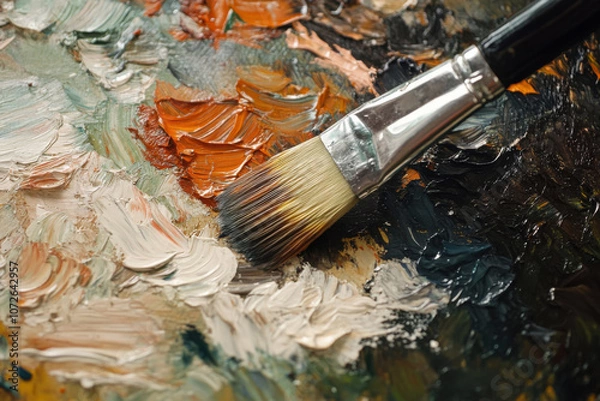 Fototapeta Close-Up of Paintbrush with Mixed Oil Paints in Earth Tones on Palette