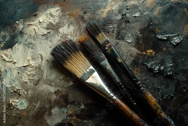 Fototapeta Close-Up of Three Paintbrushes on a Textured Oil Paint Palette in Neutral and Dark Tones