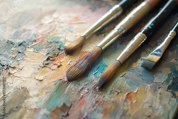 Fototapeta Close-Up of Four Paintbrushes on a Vibrant Oil Paint Palette with Soft Pastel and Earth Tones