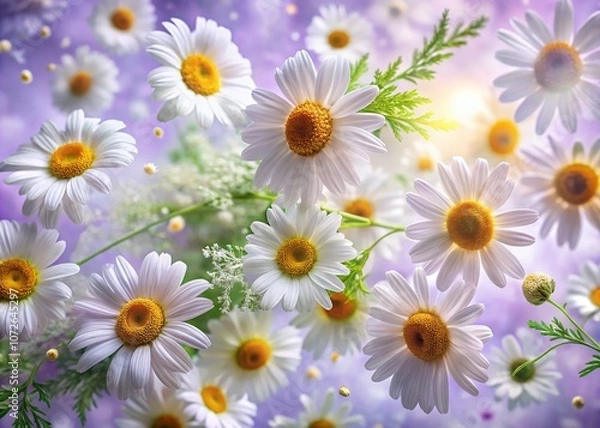 Fototapeta A Stunning Long Exposure Image of a Vibrant Floral Pattern with White Daisies and Delicate Green Leaves Against a Soft Lavender Background for Nature and Decor Enthusiasts