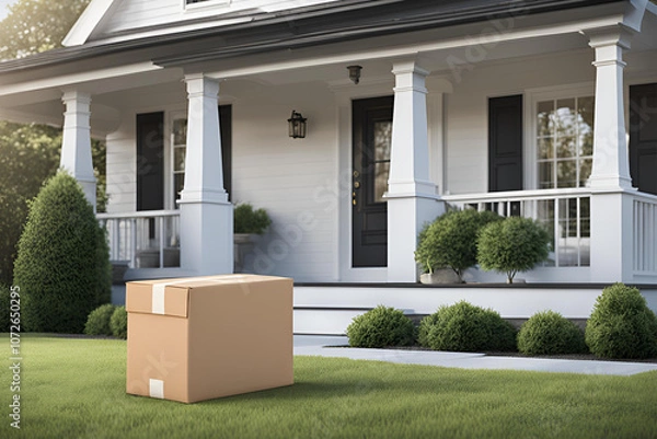 Fototapeta Package Delivered on a Suburban Doorstep, A neatly wrapped package on the doorstep of a modern suburban home surrounded by greenery