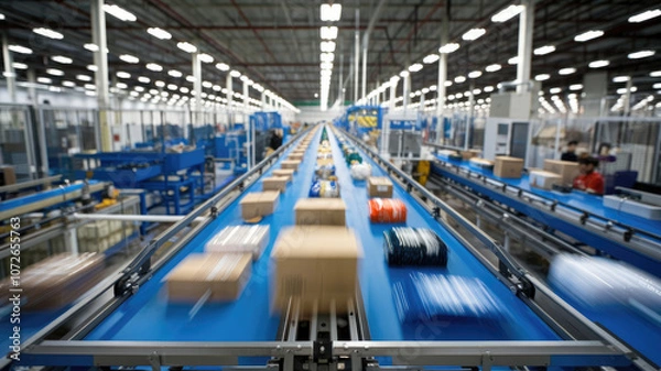 Fototapeta A conveyor belt is filled with boxes of various sizes and colors. The boxes are moving along the belt, with some moving faster than others. The conveyor belt is blue