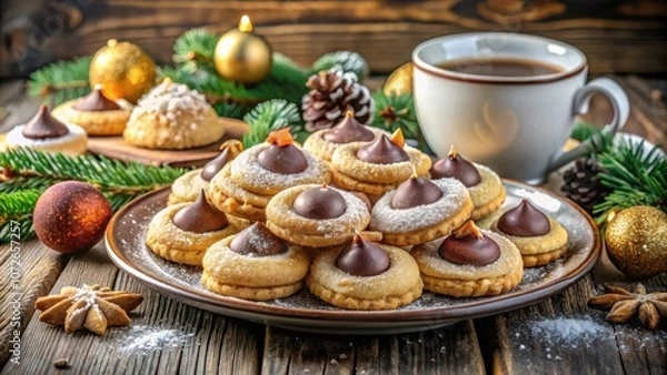 Fototapeta A Festive Spread of Chocolate Filled Cookies with Powdered Sugar and a Cup of Coffee on a Rustic Wooden Table