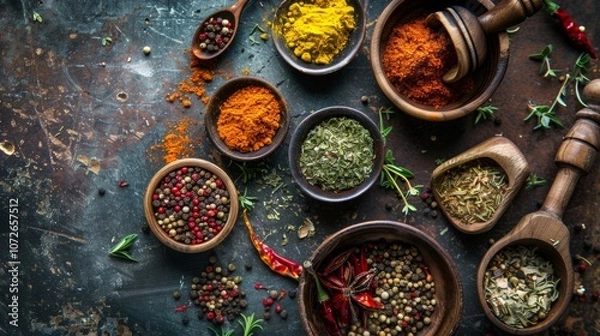 Fototapeta Rustic Assortment of Colorful Spices and Herbs on Dark Tabletop
