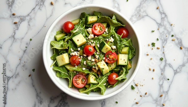 Obraz Fresh Greek salad with feta in white bowl on marble