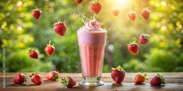 Fototapeta Strawberry Milkshake with Whipped Cream and Falling Berries on a Wooden Table