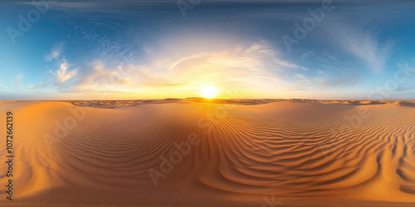 Fototapeta stunning 360 degree HDRI map captures vast sandy desert landscape at sunset, showcasing intricate patterns of dunes and warm glow of sun