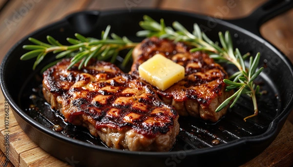 Obraz Grilled steak with butter and rosemary in cast iron skillet