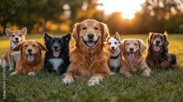 Fototapeta A group of dogs are laying on the grass and smiling. The dogs are of different sizes and colors, including brown, black, and white. Concept of happiness and camaraderie among the dogs