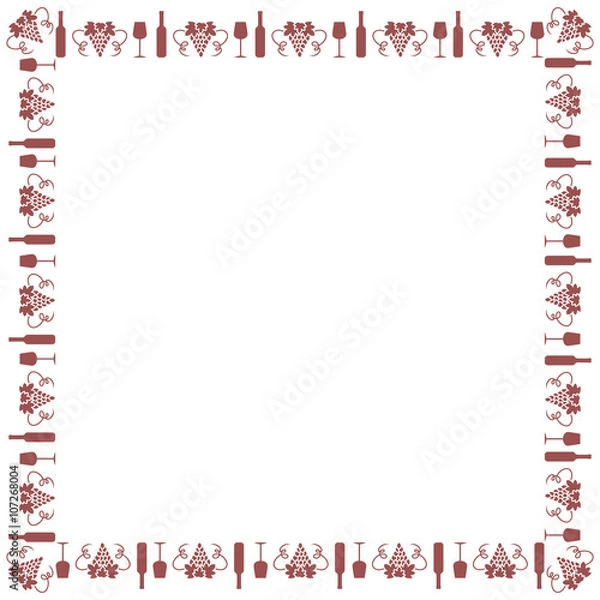 Fototapeta Cute frame made of colored bunch of grapes, bottle of wine, wine