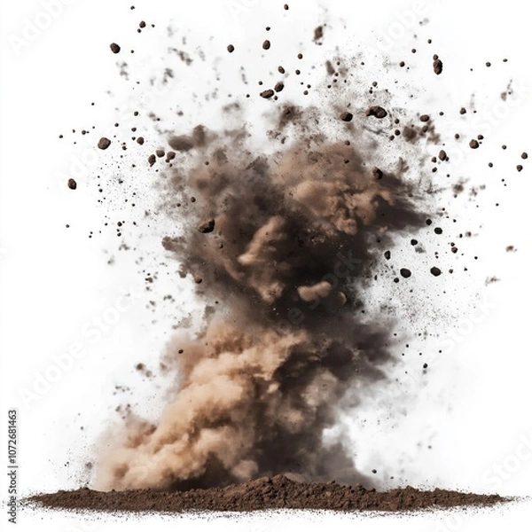 Obraz Abstract brown dust explosion cloud, dirt and debris flying in air. Explosion of brown particles. Motion effect, copy space for text. Background for design, fantasy, concept, apocalypse.