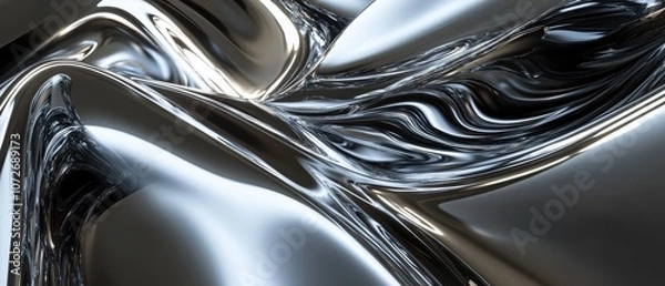 Fototapeta Abstract Metallic Background - Shiny Silver Texture with Wavy Lines and Reflections