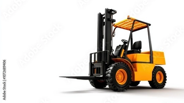 Fototapeta Yellow forklift on white isolated background, heavy machinery for warehouse operations.
