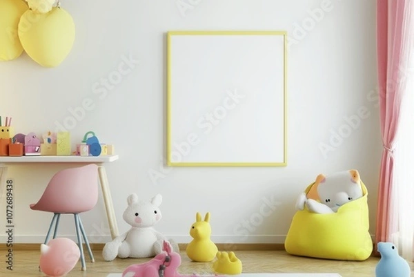 Fototapeta Modern Nursery Interior Design with Yellow Frame Mockup, White Plush Toy, Pink Chair, and  Colorful Toys on Desk