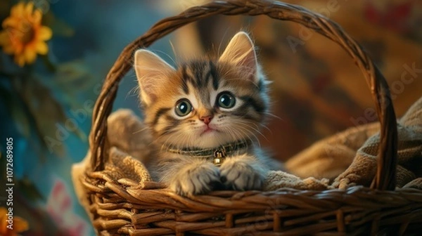 Fototapeta Adorable Fluffy Kitten Exploring a Cozy Woven Basket Surrounded by Soft Textiles and a Warm, Colorful Background