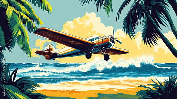 Fototapeta Charming illustration of small plane taking off from tropical beach, surrounded by palm trees and