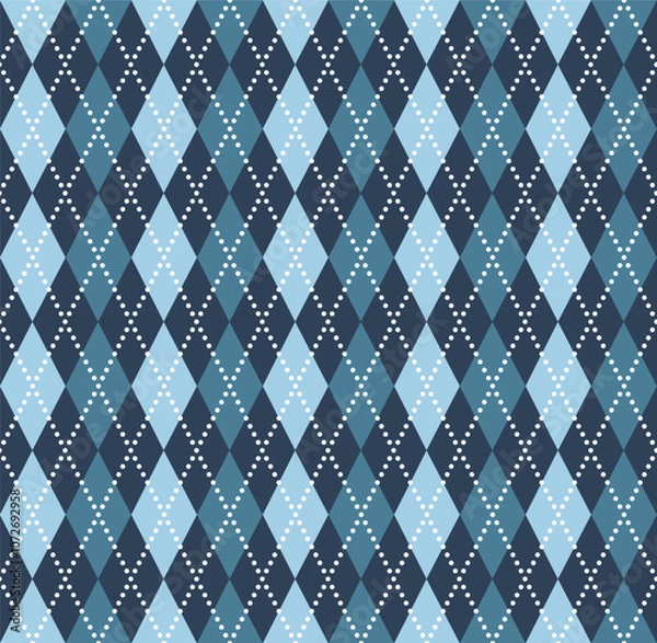 Fototapeta Argyle seamless pattern in cold colors. Geometric checkerboard pattern of diamonds and lines. Classic pattern for knitted winter sweaters and vests.
