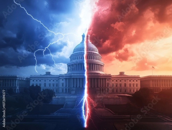 Fototapeta Dramatic Lightning Strikes Splitting US Capitol Building in Two, Representing Political Division.