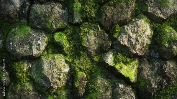 Obraz Textured Stone Wall with Lush Green Moss Displaying Nature's Beauty, Perfect for Background or Nature-Themed Projects, Capturing Earthy Elements in High-Resolution
