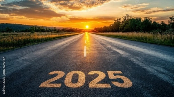 Fototapeta New Year concept showing 2025 written on an empty asphalt road at sunset