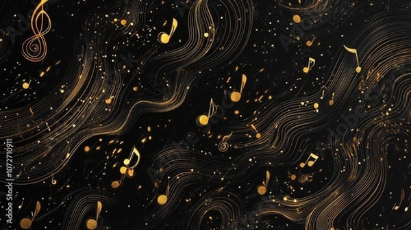 Fototapeta Musical Notes and Waves on Dark Background