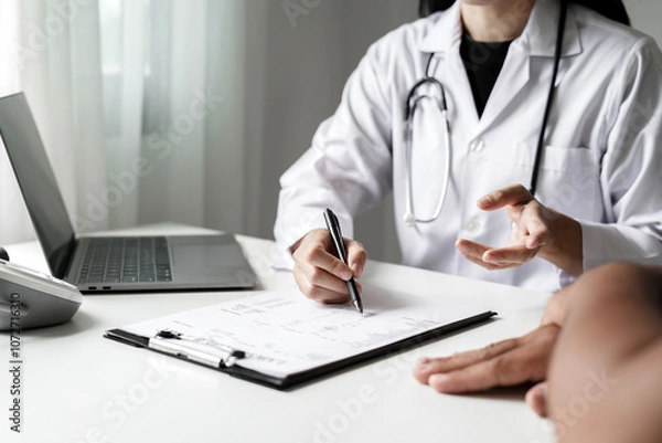 Fototapeta Female doctors who treat patients make an appointment to listen to the results after a physical examination and explain medical information and diagnose the disease. Medical concepts and good health