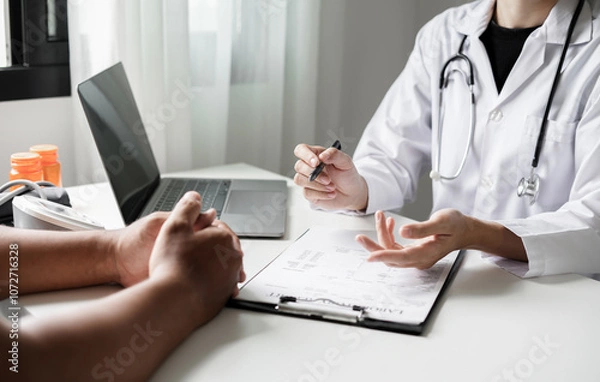 Fototapeta Female doctors who treat patients make an appointment to listen to the results after a physical examination and explain medical information and diagnose the disease. Medical concepts and good health