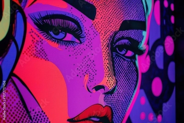 Fototapeta Vibrant Pop Art Portrait with Neon Colors Featuring a Stylish Woman's Face Emphasizing Bold Lines and Dramatic Expression in a Contemporary Design