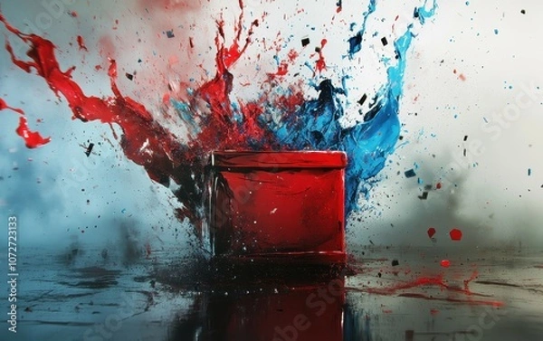 Fototapeta Red and Blue Liquid Exploding Around a Red Object, Abstract Background, Artistic Splash
