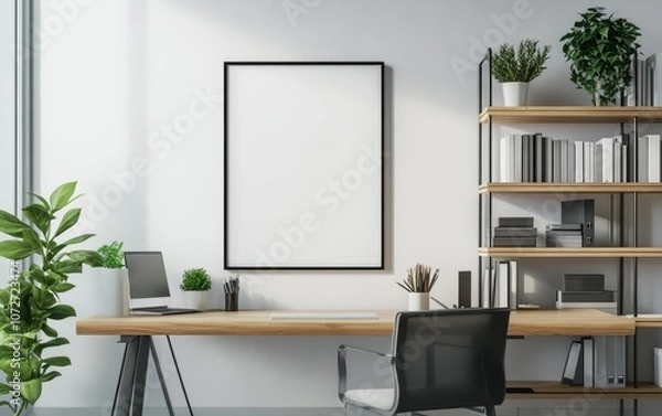 Fototapeta Modern Home Office Desk with Blank Canvas Mockup, Wooden Desk, and Bookshelf.