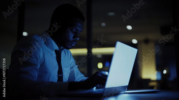 Fototapeta Focused African American man working on laptop in a cozy cafe at night