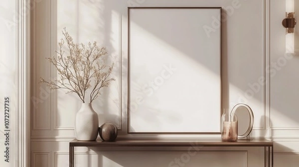 Fototapeta Elegant Minimalist Interior Design with Empty Picture Frame, Vase and Mirror on Console Table, Beige Walls, Soft Light.